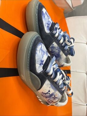 Louis Vuitton White and Blue Sneaker with LV Tongue Logo